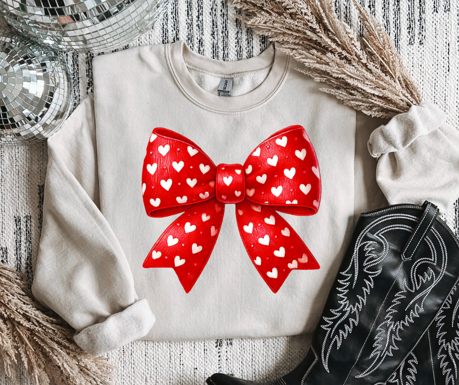 Red Bow White Hearts Tan Sweatshirt