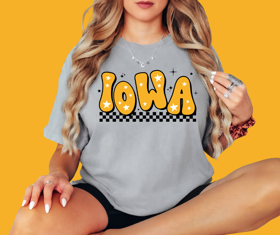 Retro Black & Gold Star Iowa Comfort Colors Grey Tee - The Red Rival