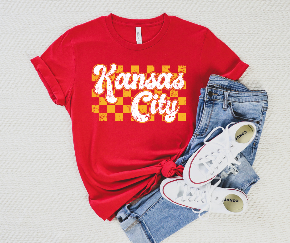 Gold Retro Kansas City Checkered Red Tee - The Red Rival