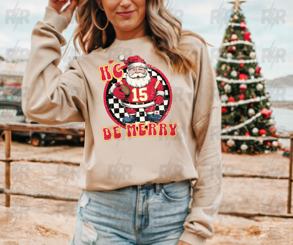 KC Be Merry Checkered Santa Circle Tan/Cream Sweatshirt