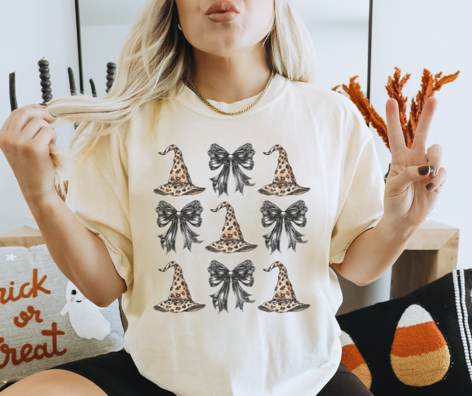 Leopard Witch Hats & Black Bows Ivory Tee