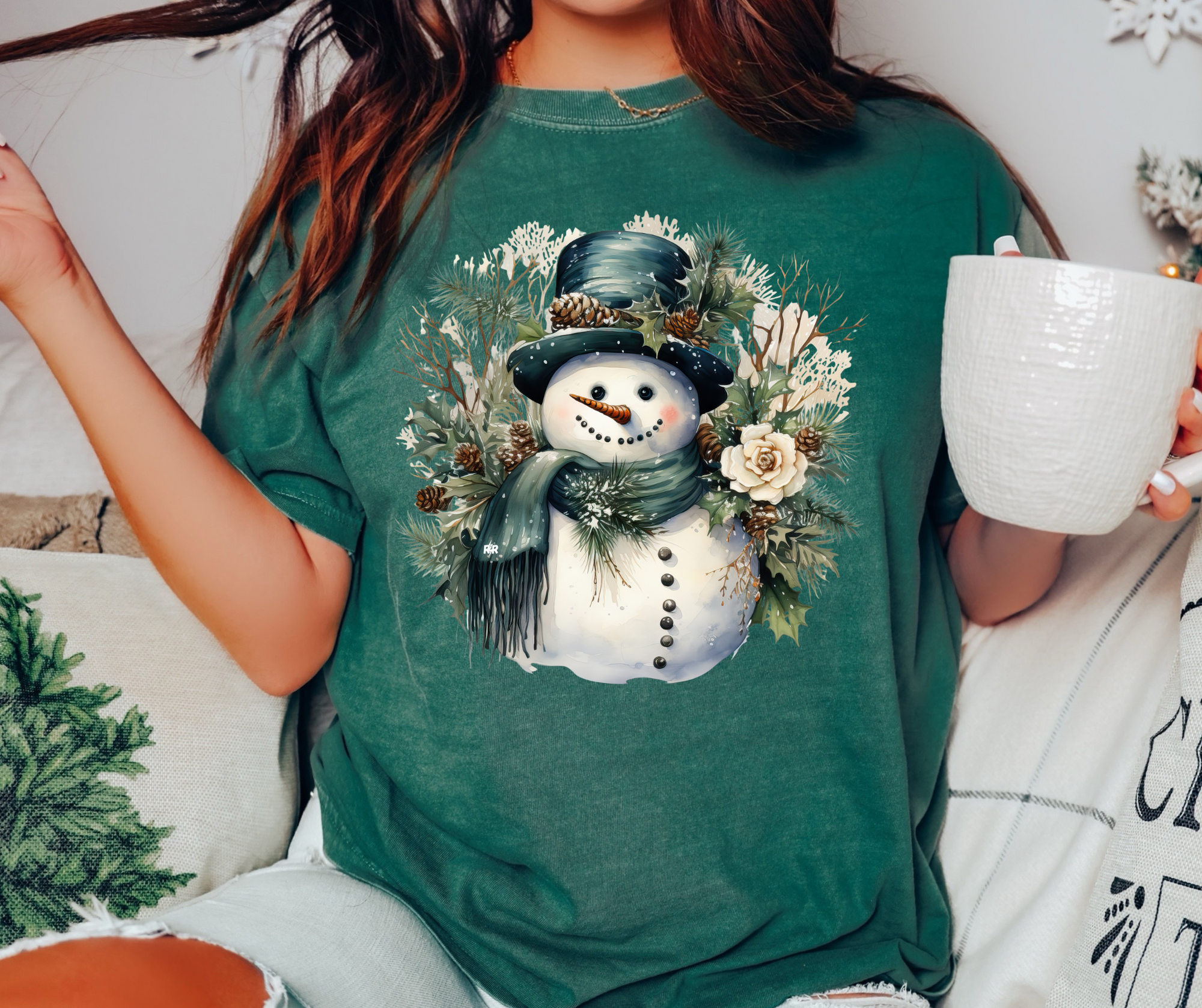 Watercolor Snowman Blue Spruce Green Tee