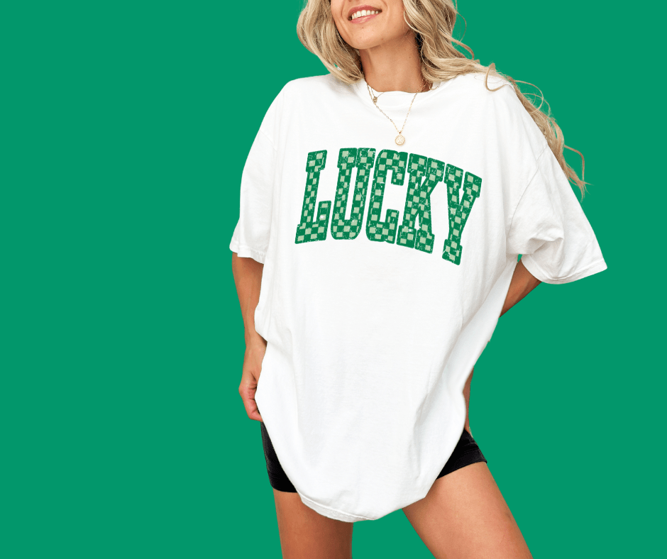 2 - Tone Green Checkered Lucky on White Tee - Wholesale - The Red Rival