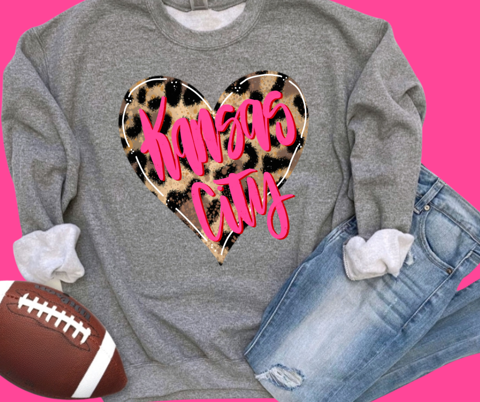 Leopard Heart w/ Pink Kansas City Grey Sweatshirt or Tee