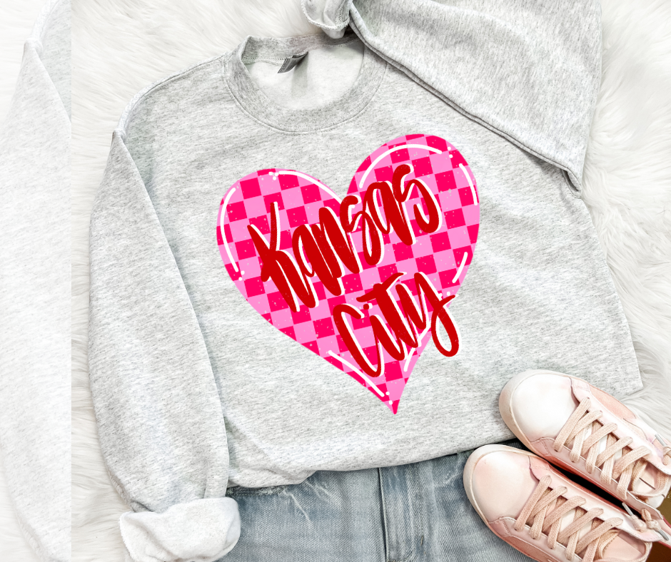 Pink Checkered Kansas City Heart Ash Sweatshirt or Tee