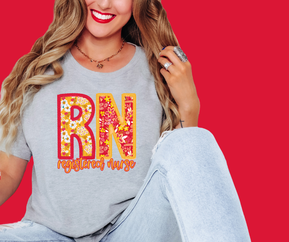 KC Colors Faux Embroidered RN Floral Letters Grey Tee - The Red Rival