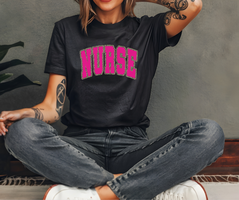 Pink Nurse with Leopard Outline Black Tee - The Red Rival