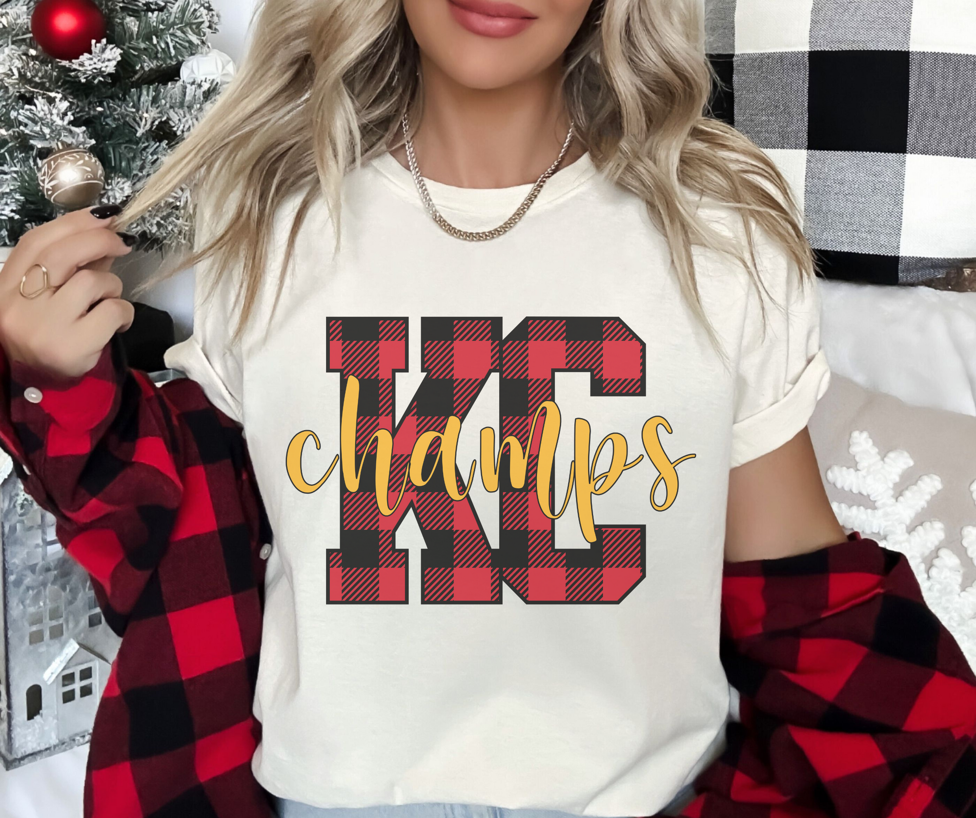 KC Buffalo Plaid Champs Ivory Graphic Tee - The Red Rival