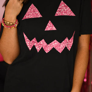 Sparkly Pink Jack O Face Black Tee - The Red Rival