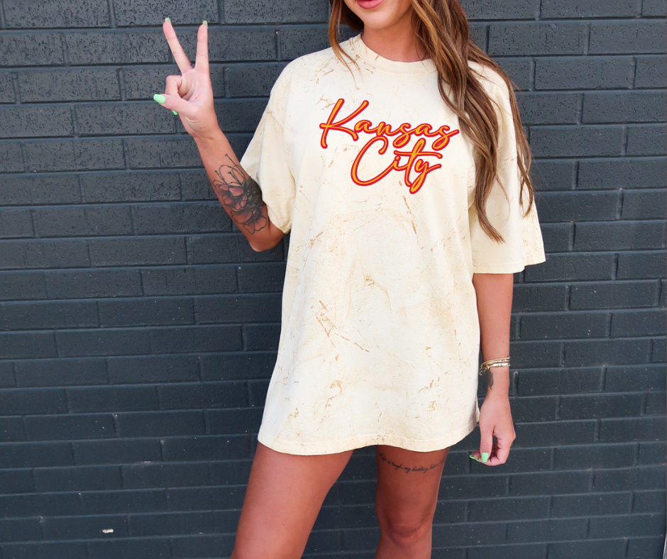 Red Gold Kansas City Script on Yellow Tie Dye Tee - The Red Rival