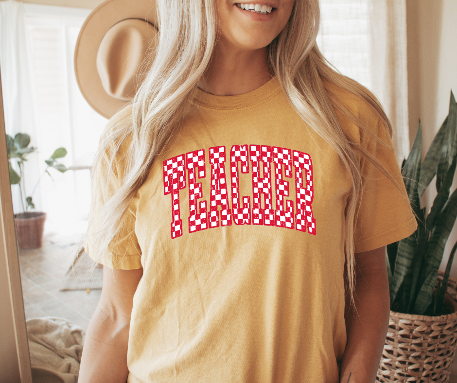 Red Checkered Teacher Mustard Tee - The Red Rival