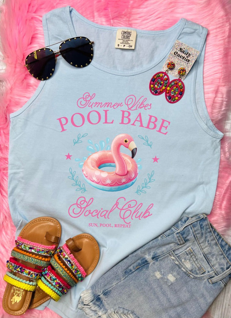 Summer Vibes Pool Babe Flamingo Floaty Light Blue Tank - The Red Rival
