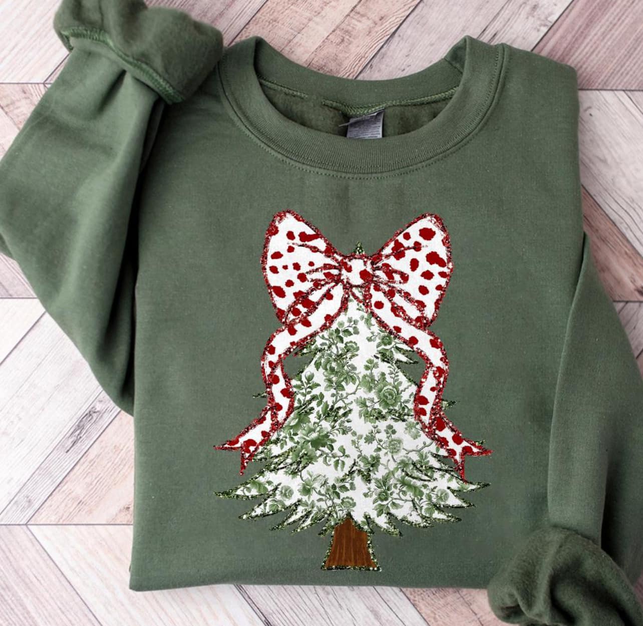 Coquette Christmas Tree Bow Green Floral Pattern Military Green Sweatshirt