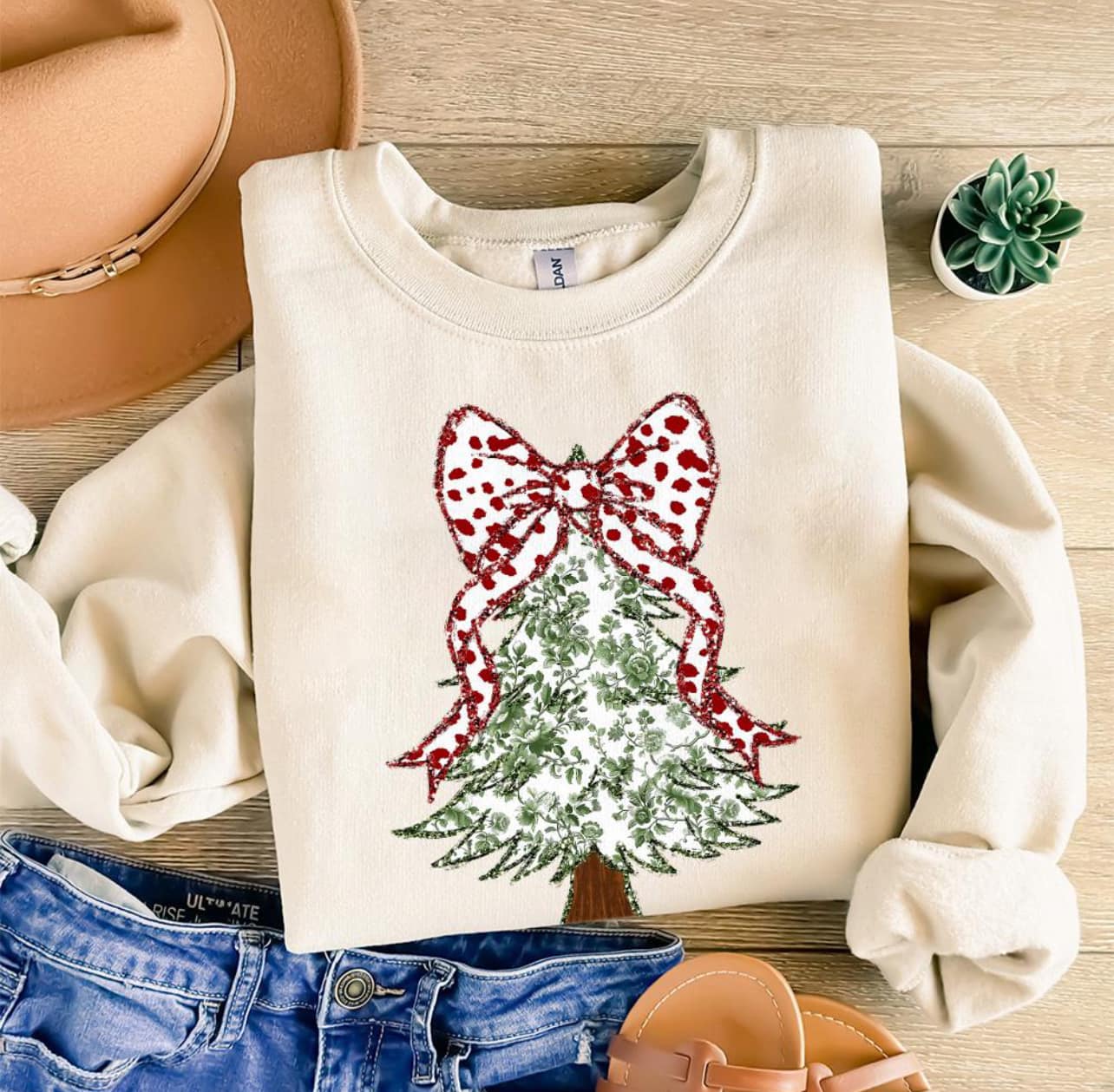 Coquette Christmas Tree Bow Green Floral Pattern Tan/Cream Sweatshirt - The Red Rival