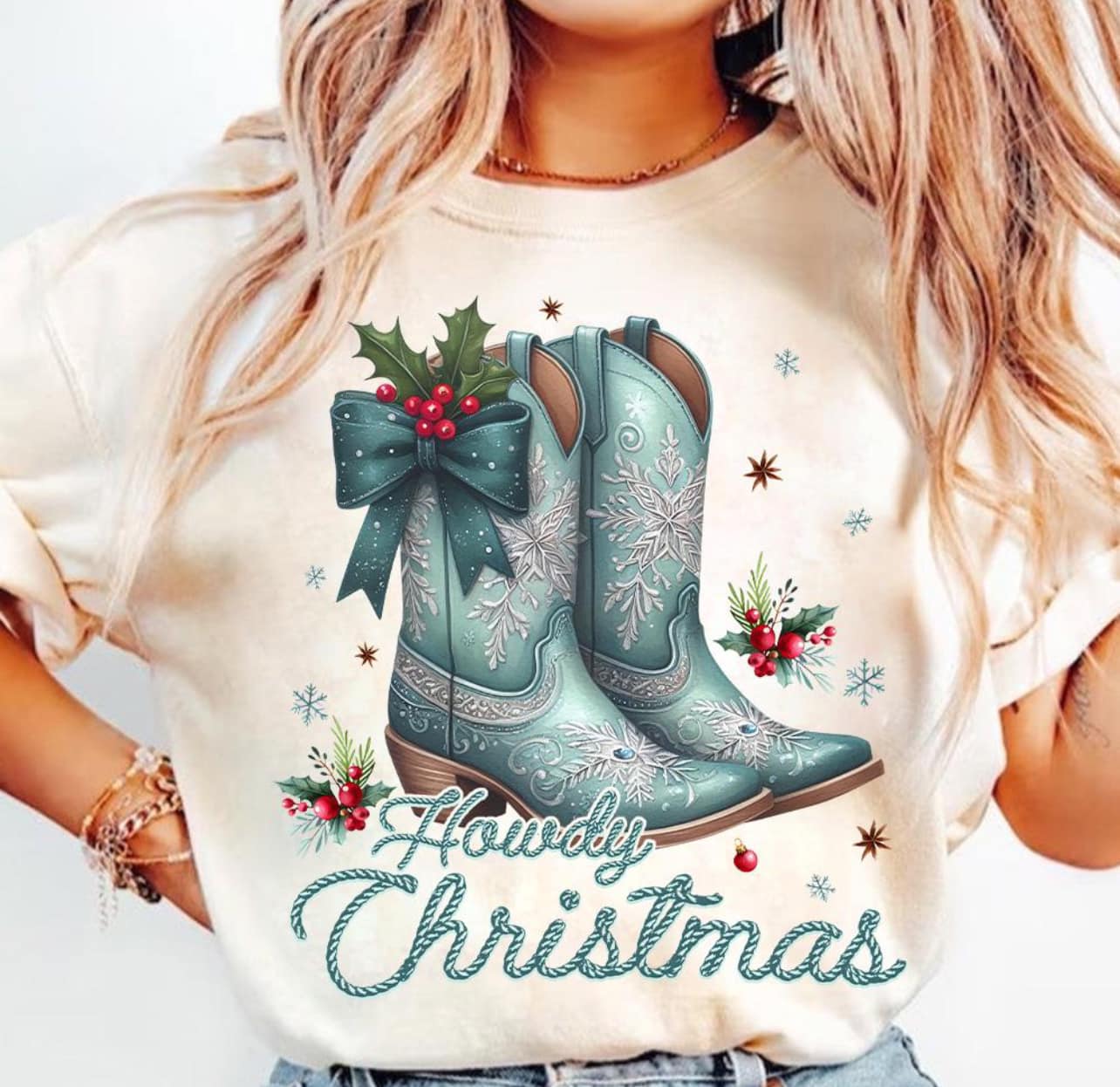 Howdy Christmas TEAL Cowboy Boots Cream Tee