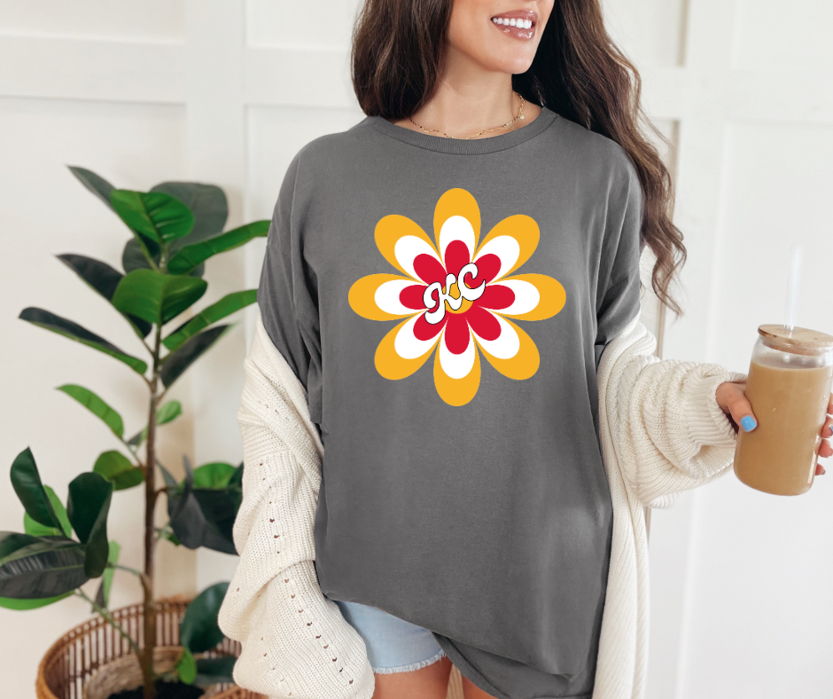 Retro KC Stacked Flowers Charcoal Tee - The Red Rival