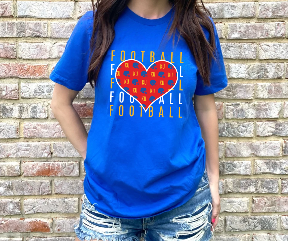 Kansas Football Heart Repeat Blue Graphic Tee - The Red Rival