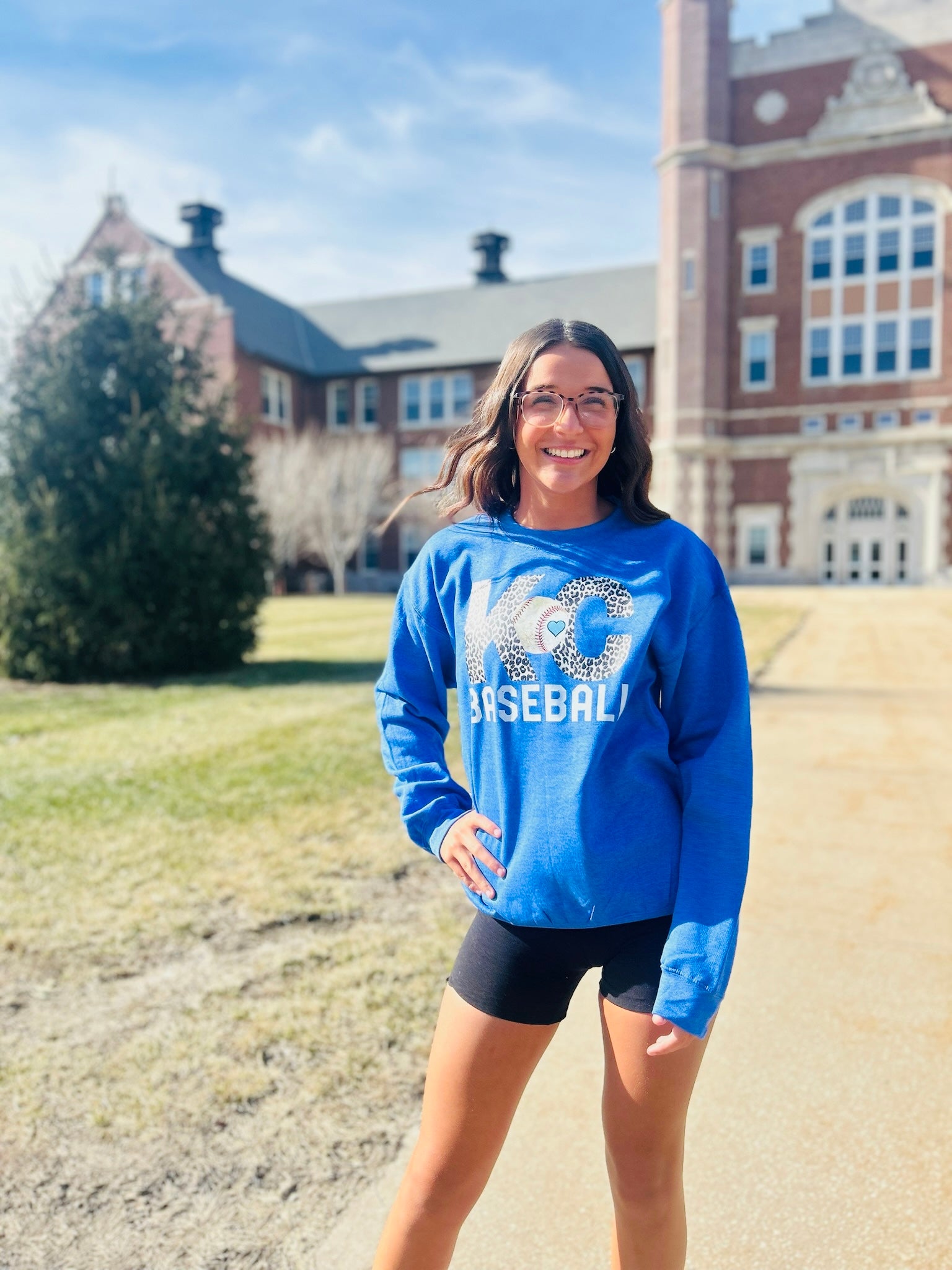 Leopard KC with Baseball Between Heather Blue Graphic Sweatshirt