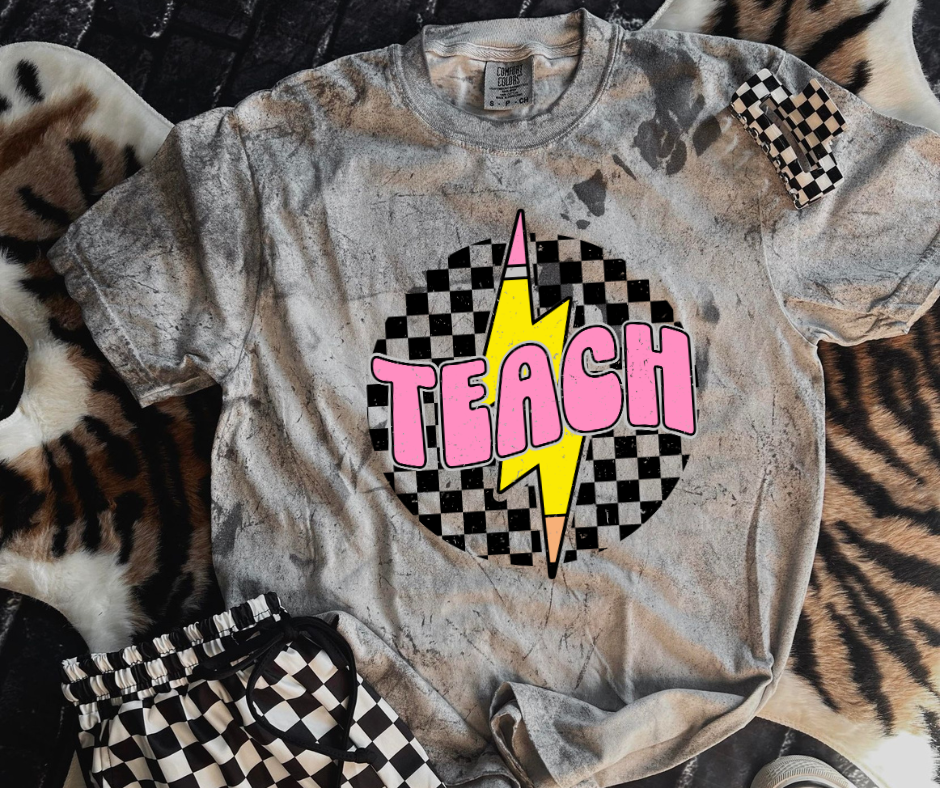 Teach Checkered Lightening Bolt Circle Grey Tie Dye - The Red Rival