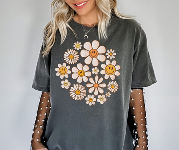 Smile Face Daisies Dark Grey Tee - The Red Rival