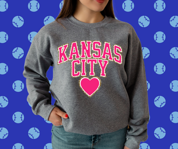 Pink Faux Chenille Letters Kansas City Heart Grey Graphic Sweatshirt - The Red Rival