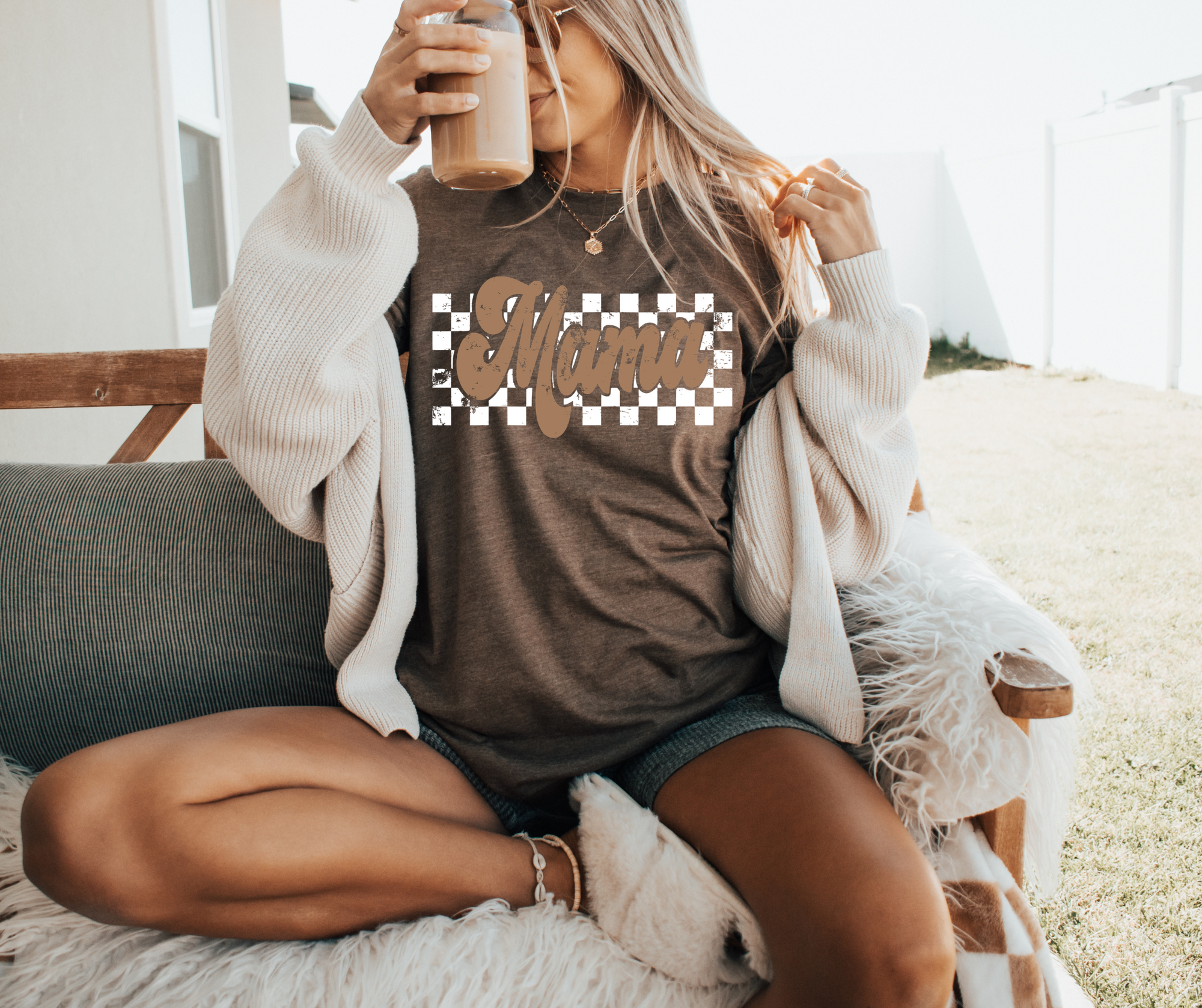 Natural Checkered Mama Brown Graphic Tee - The Red Rival