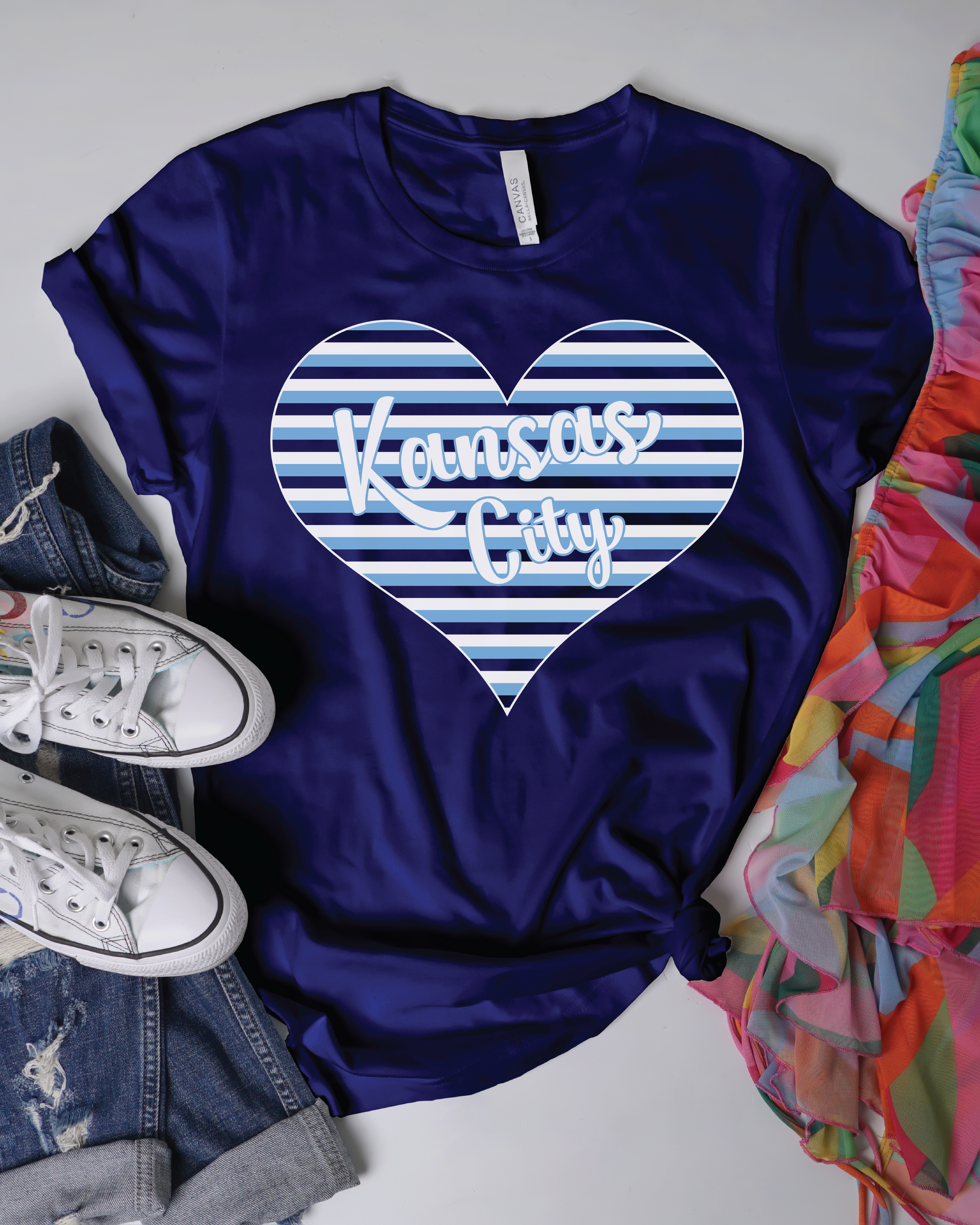 Kansas City Striped Heart Navy Tee - The Red Rival