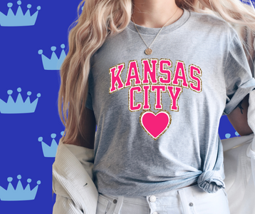 Pink Faux Chenille Letters Kansas City Heart Grey Graphic Tee - The Red Rival