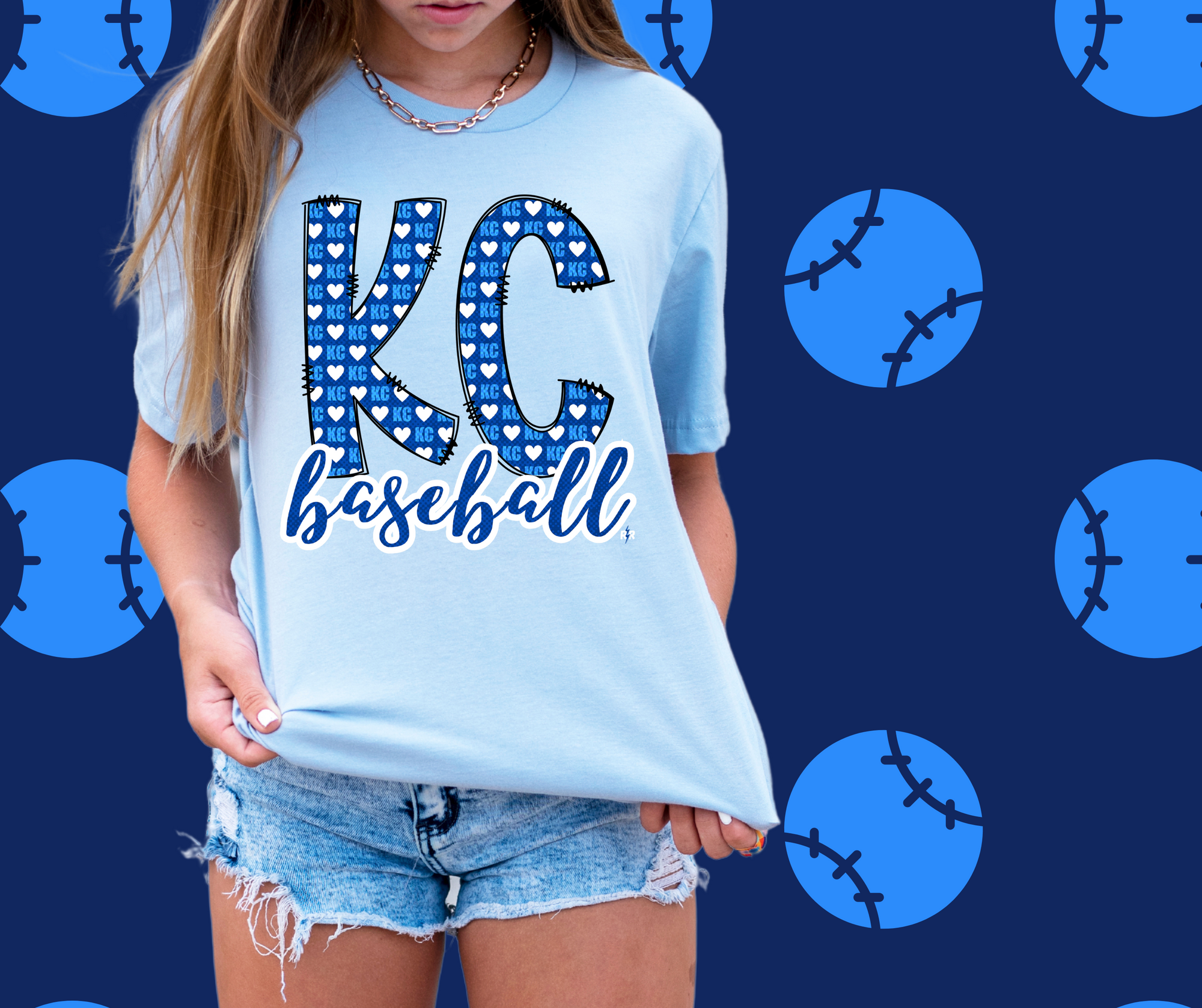 KC Heart Pattern in Doodle Letters Light Blue Graphic Tee - The Red Rival