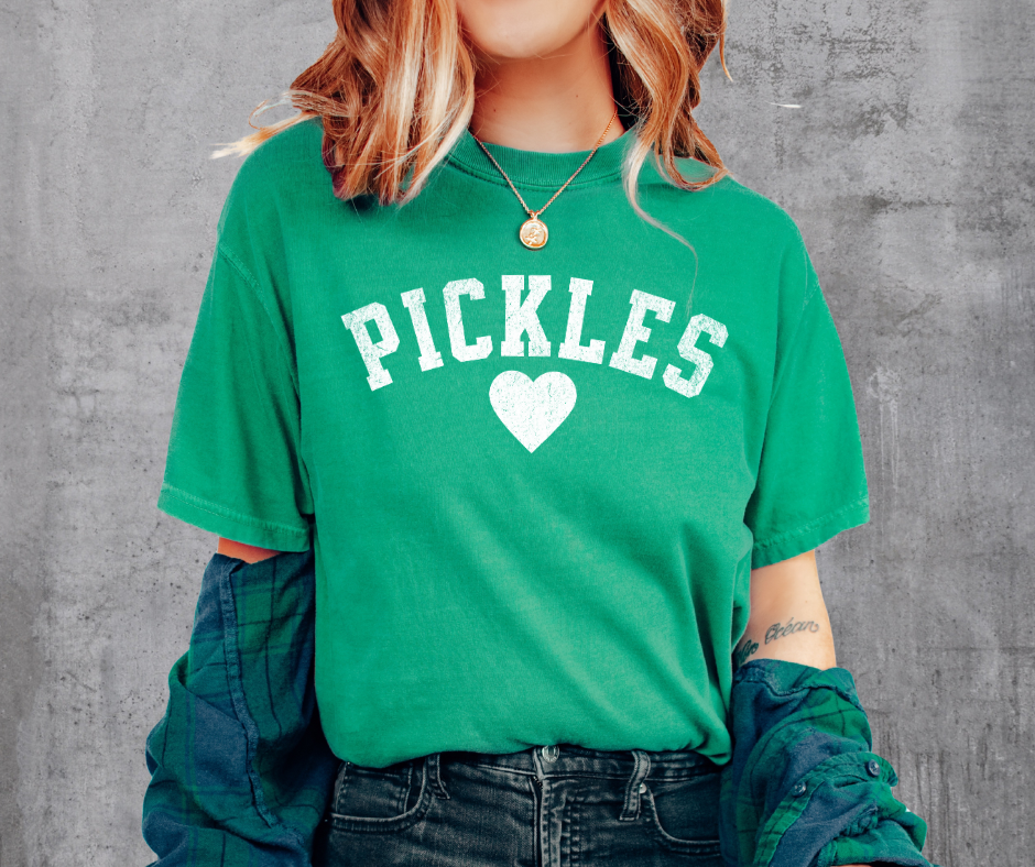 Distressed Pickles Heart in White text on Green Tee