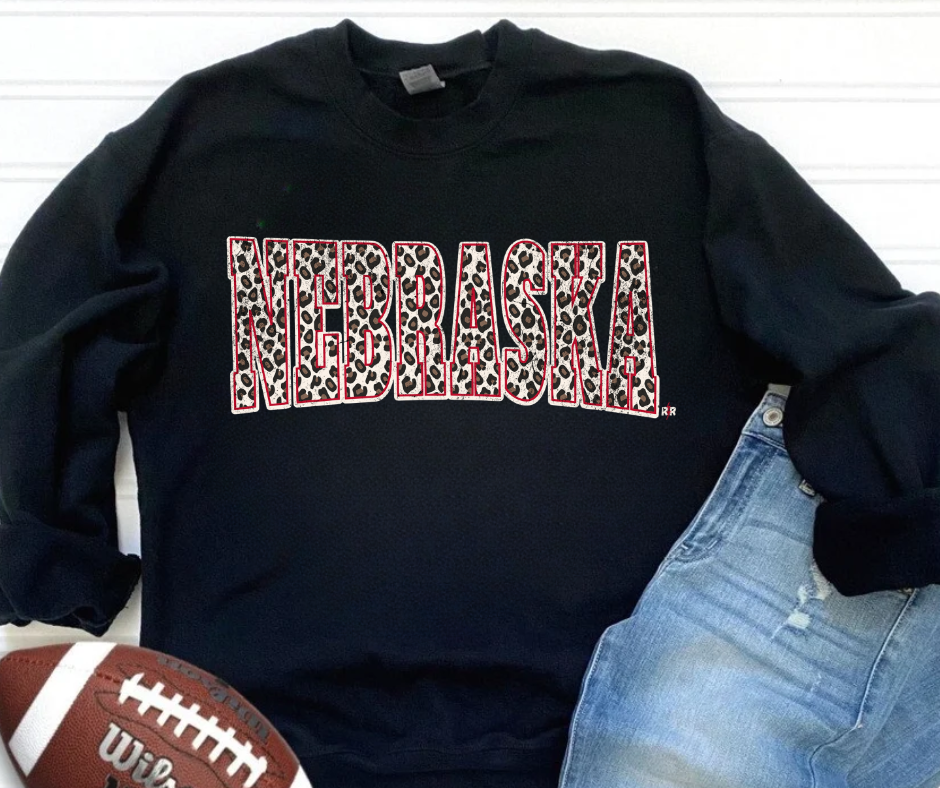 Leopard Nebraska Block Letters Black Sweatshirt - The Red Rival