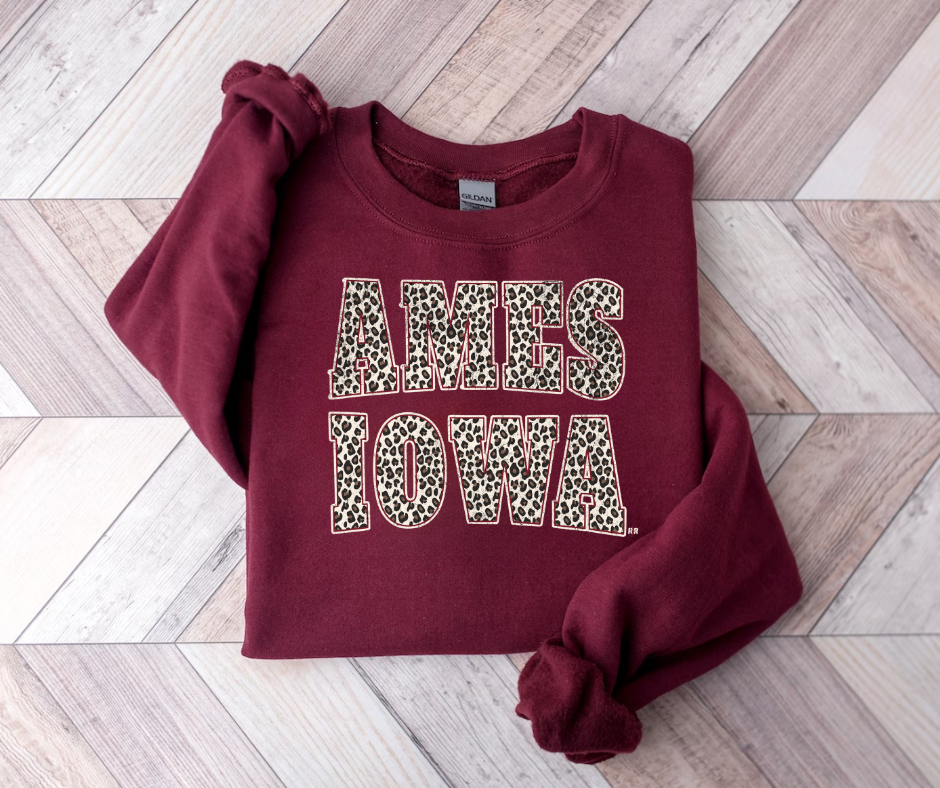 Leopard Ames Iowa Block Letters Maroon Sweatshirt - The Red Rival
