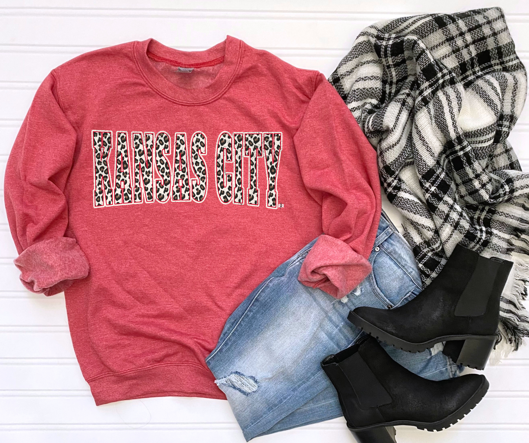 Leopard Kansas City Block Letters on Heather Red Sweatshirt - The Red Rival