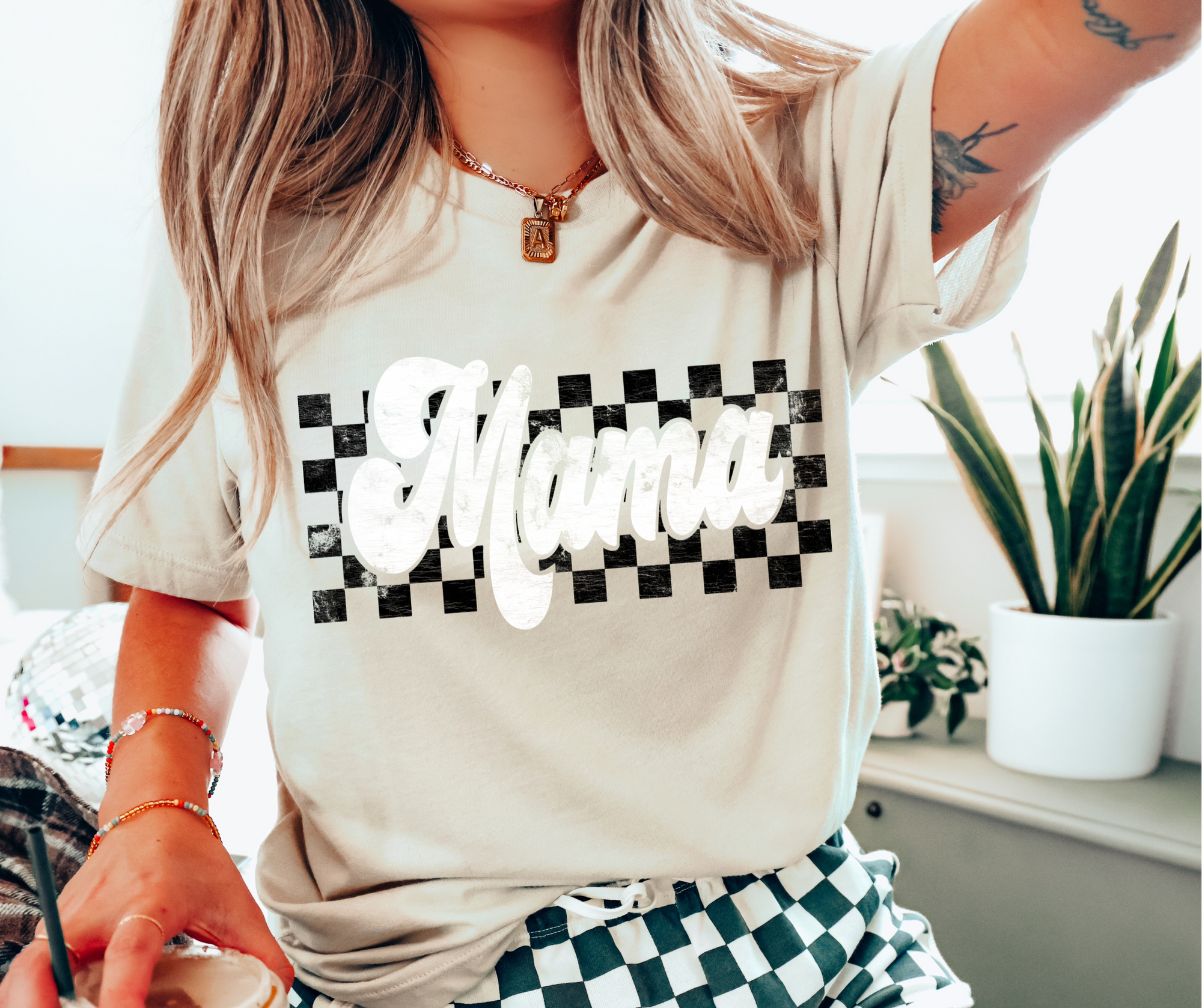 Retro Checkered Mama Ivory Graphic Tee - The Red Rival