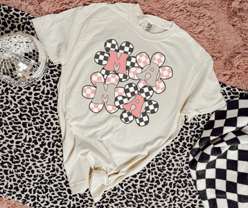 Retro Mama Checkered Flower Power Ivory Tee - The Red Rival