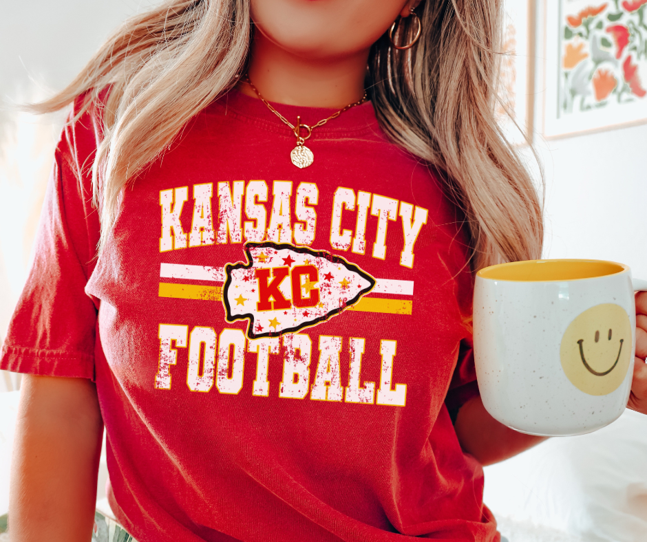 Distressed Kansas City Football Red Tee