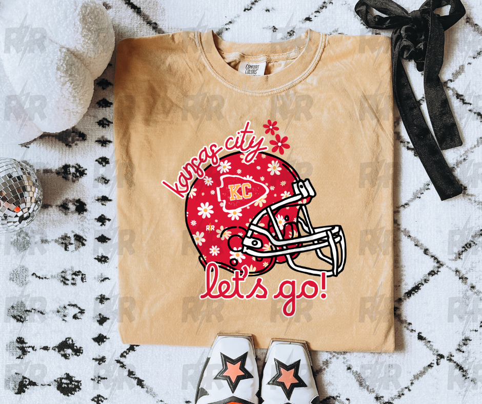 Kansas City Let's Go Red Daisy Helmet Mustard Tee - The Red Rival