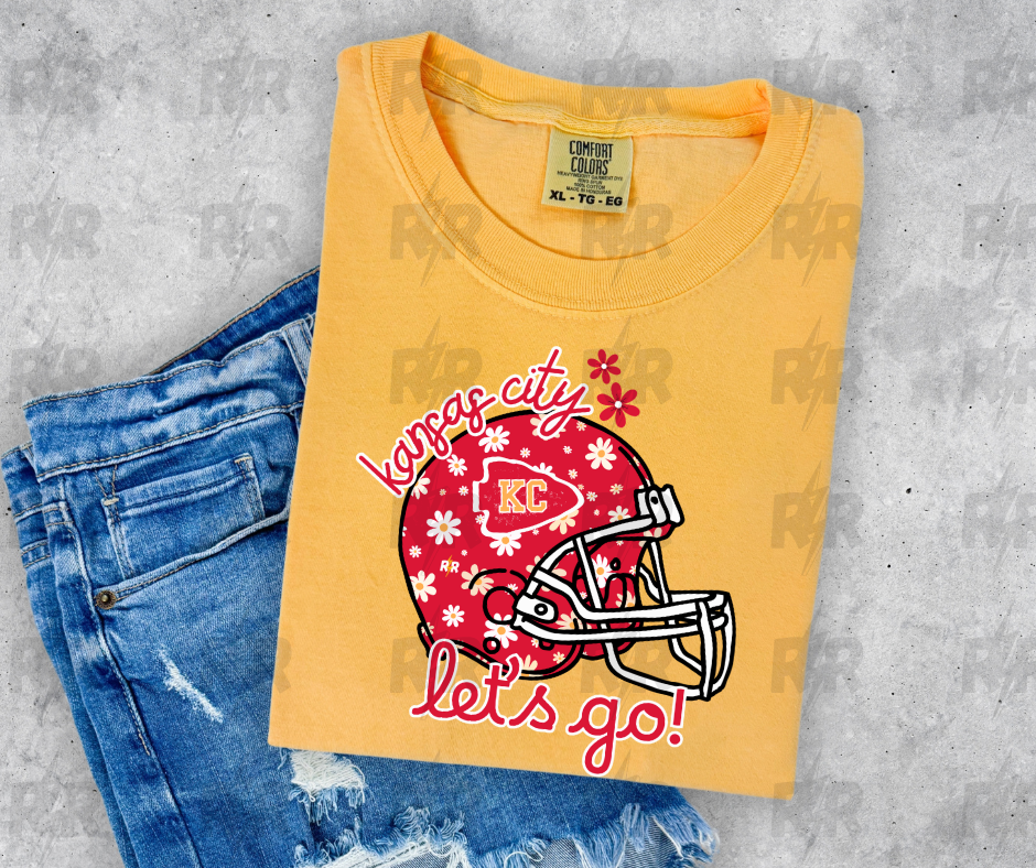 Kansas City Let's Go Red Daisy Helmet Gold Tee - The Red Rival