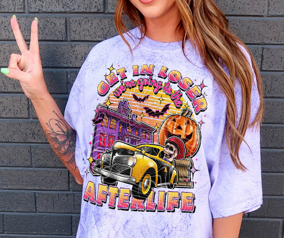 Get In Loser We're Going to the Afterlife Purple Tie Dye Tee