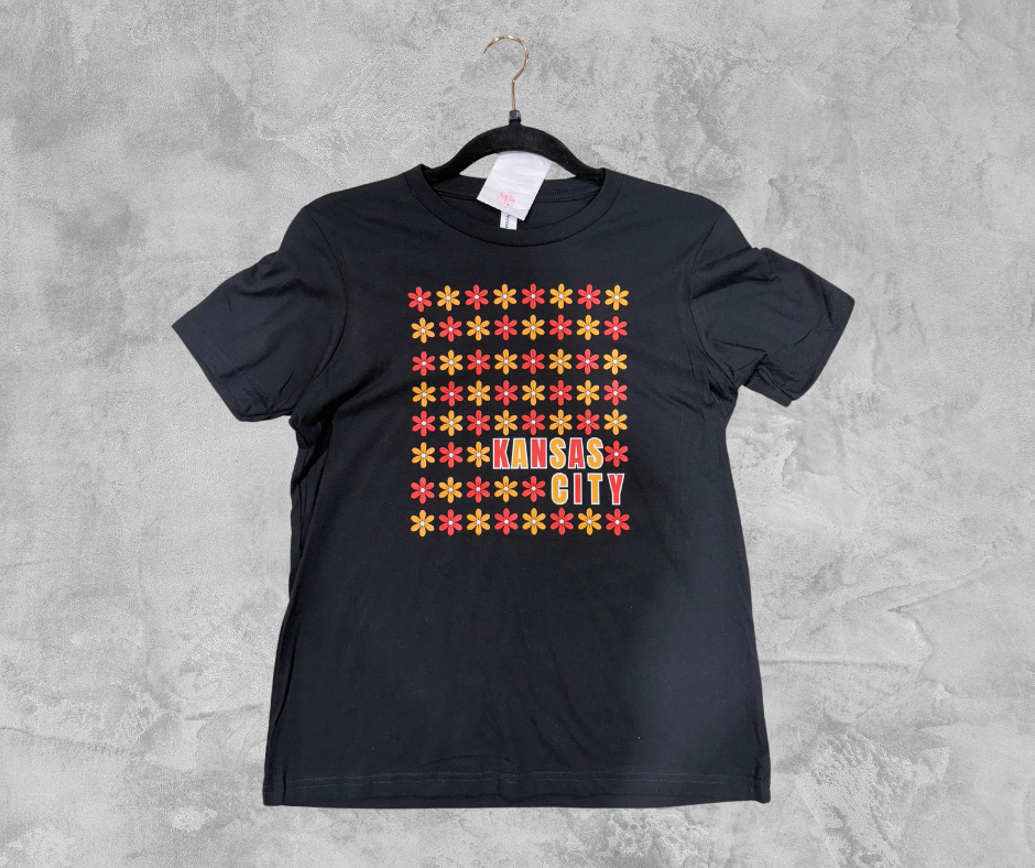 READY TO SHIP - Yellow and Red Floral Kansas City Black Tee (FINAL SALE)