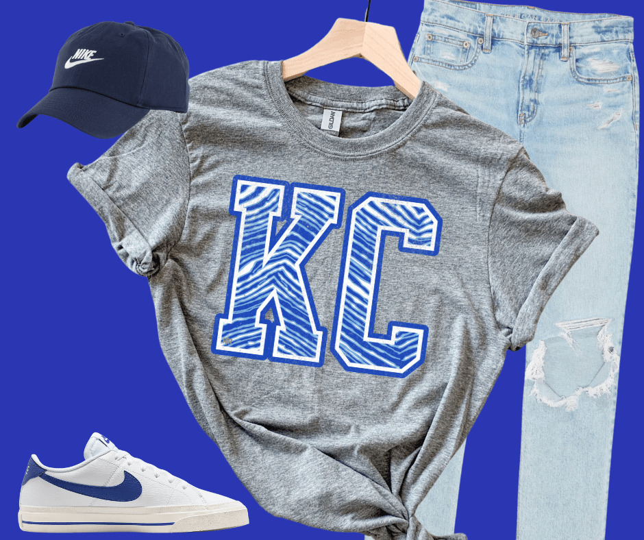 Blue KC Zebra Letters on Grey Tee or Sweatshirt - Tees - The Red Rival