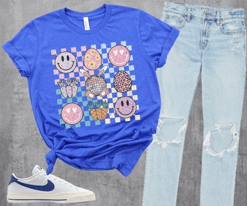 Checkered Easter Smile Face Pattern Heather Blue Tee - Tees - The Red Rival