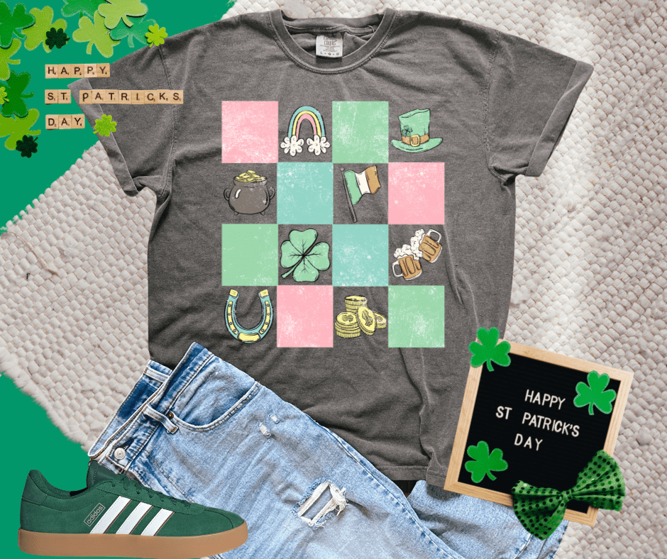 Checkered St Patrick's Day Doodles Charcoal Tee - Wholesale - The Red Rival