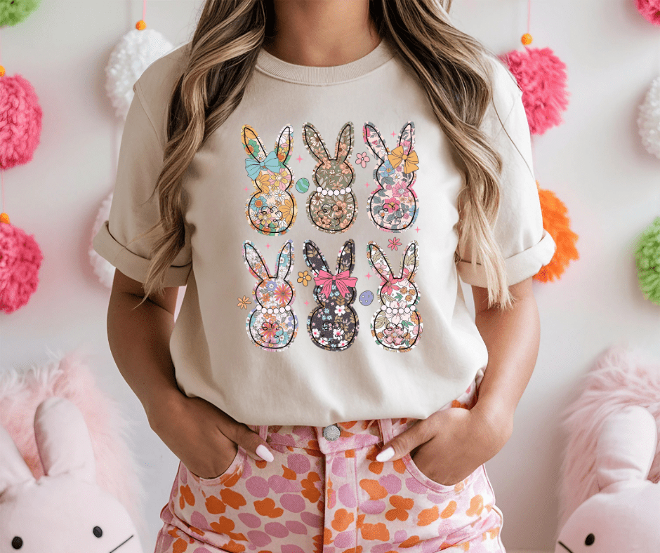 Coquette Easter Bunny Floral Natural Tee - Tees - The Red Rival