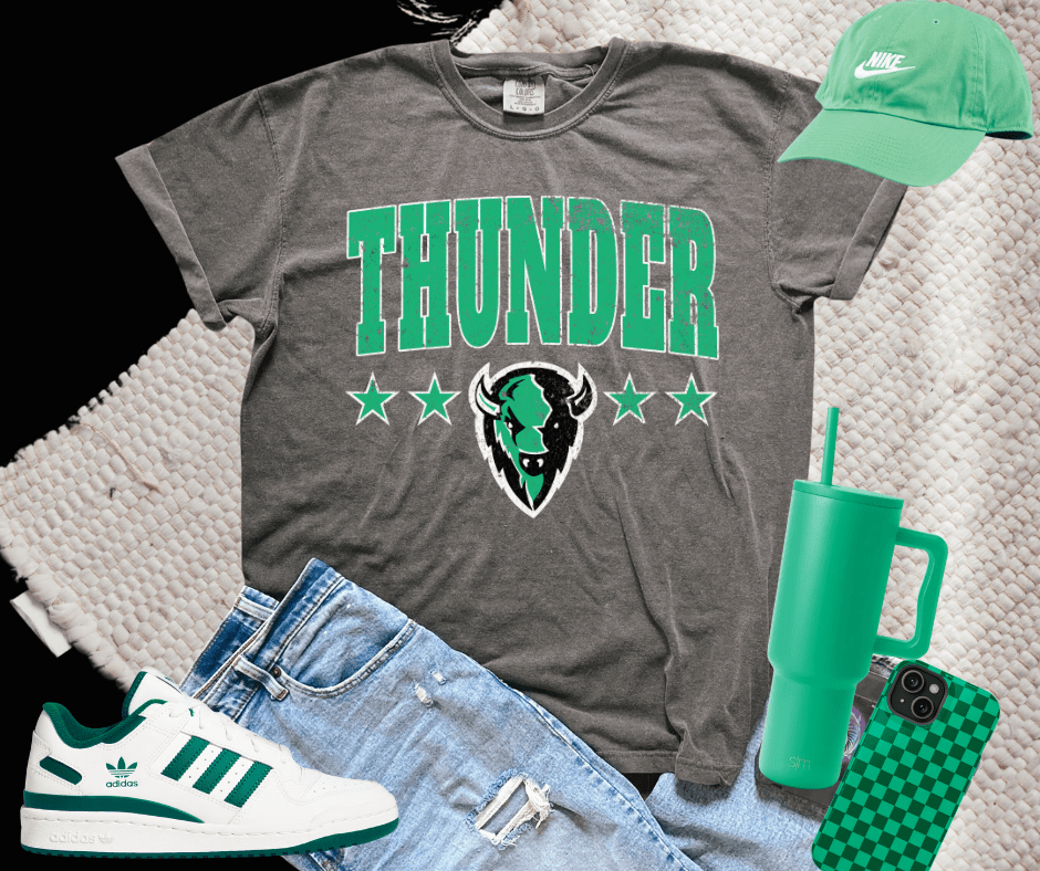 Distressed Green Thunder Stars Mascot on Charcoal Tee - Wholesale - The Red Rival