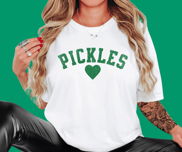 Distressed Pickles Heart in GREEN TEXT on White Tee - Wholesale - The Red Rival