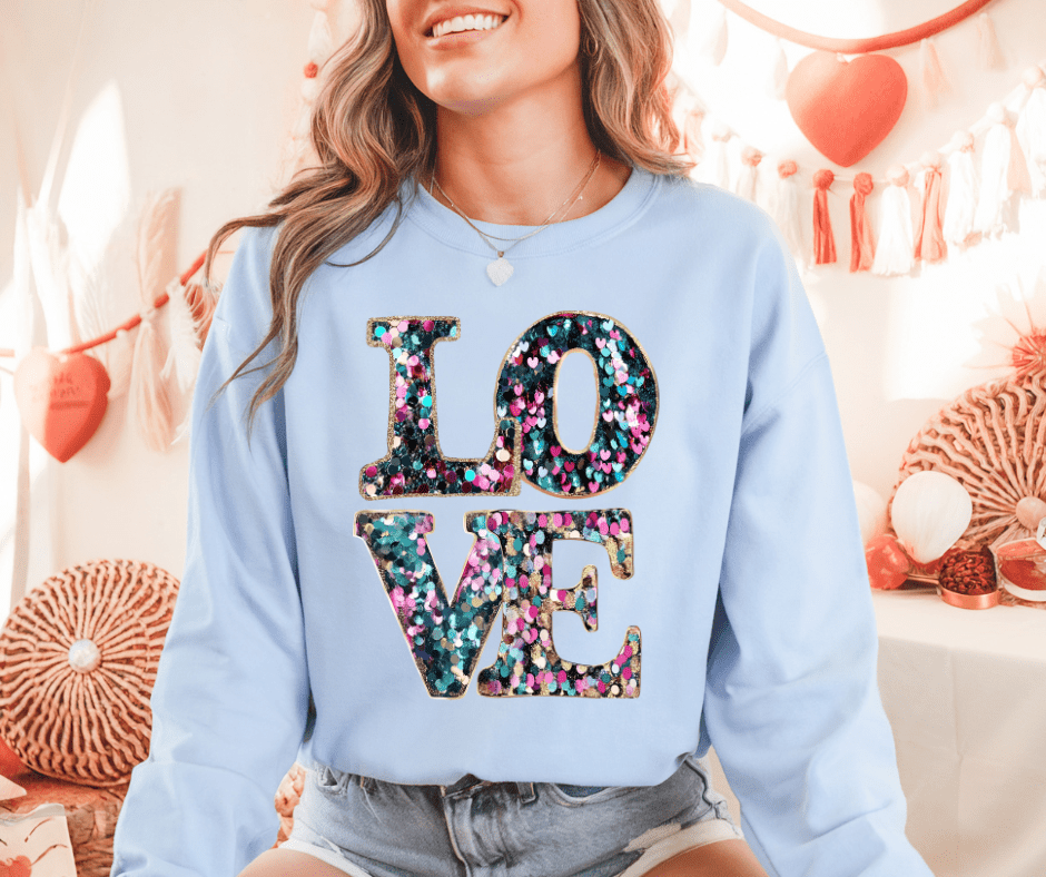 Fake Sequins/Printed Sequin Love Letters Light Blue Sweatshirt - Tees & Sweatshirts - The Red Rival