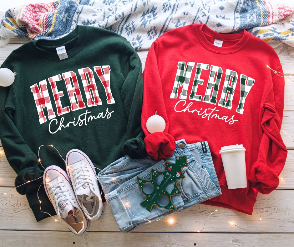 FLASH SALE PRICE - Green & White Plaid Merry Christmas RED Sweatshirt or Tshirt (FINAL SALE) - Wholesale - The Red Rival