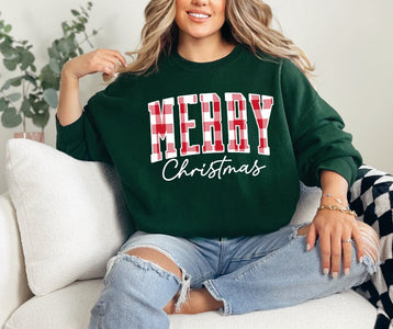 FLASH SALE PRICE - Red & White Plaid Merry Christmas FOREST GREEN Sweatshirt or Tshirt (FINAL SALE) - Wholesale - The Red Rival