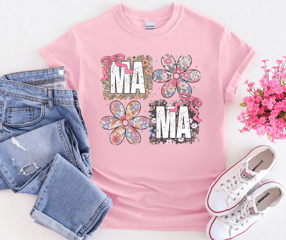 Floral Mama Coquette Bow Squares Light Pink Tee - Tees - The Red Rival